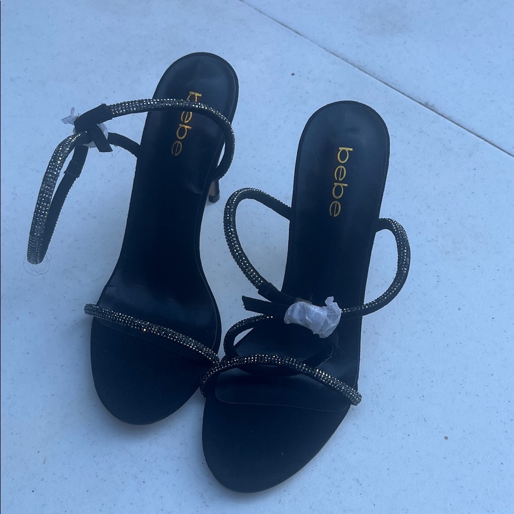 Bebe Black Rhinestone Strappy Heels